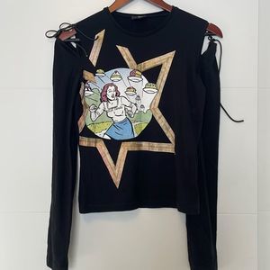 Just Cavalli black  long sleeve with shoulder ties graphic tee size 44